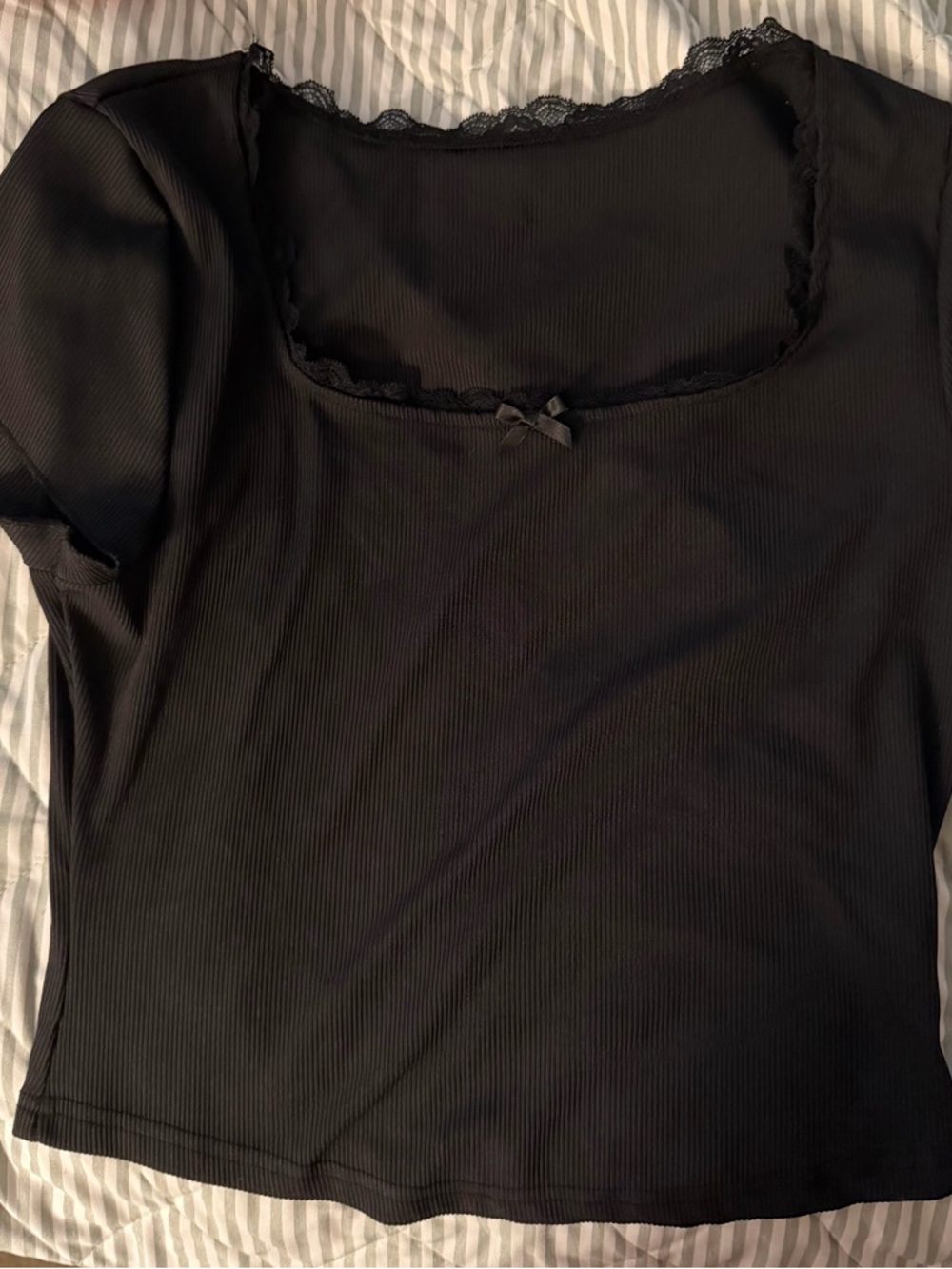 SHEIN Black Ribbed Short Sleeve Top with Lace Trim